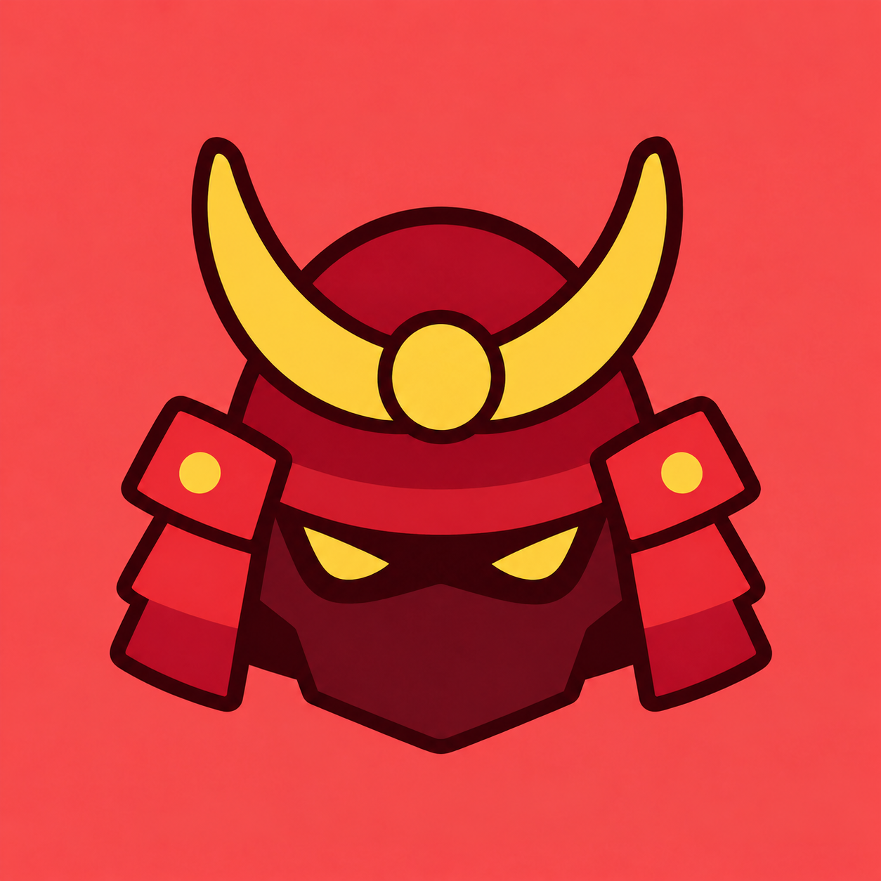 Samurai Coin mascot: a red samurai helmet with golden horns and glowing yellow eyes